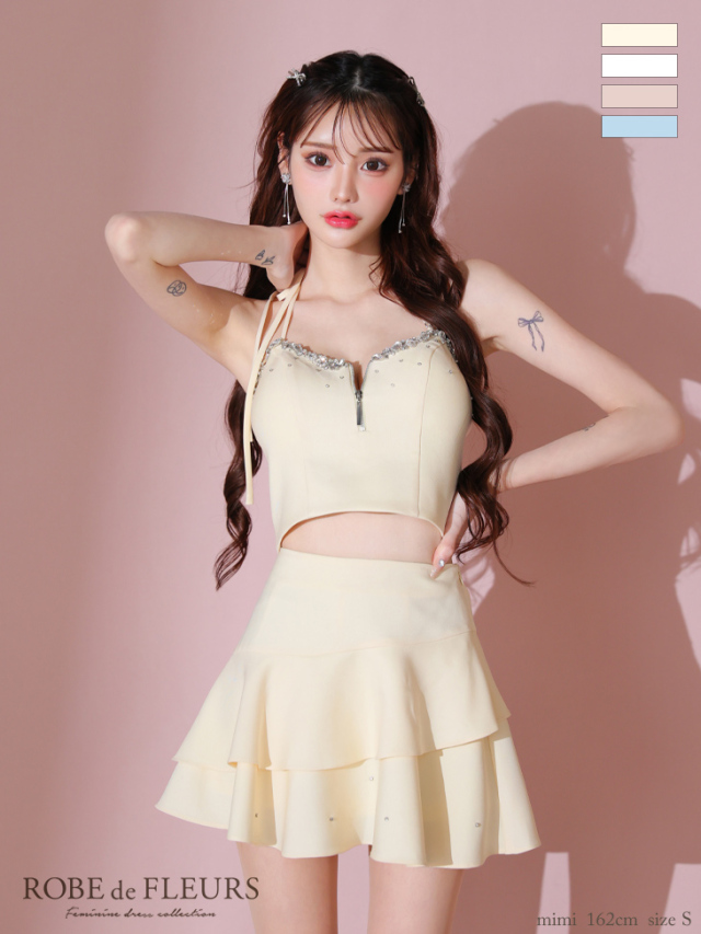 XSサイズあり】アシンメトリーリボンティアードフリルミニキャバドレス