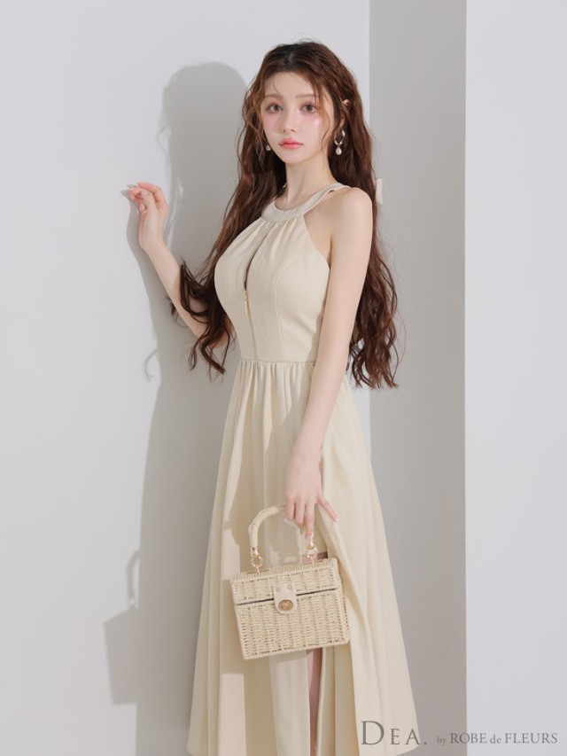 Lサイズあり】ホルターリボンバストジップフレアロングキャバドレス