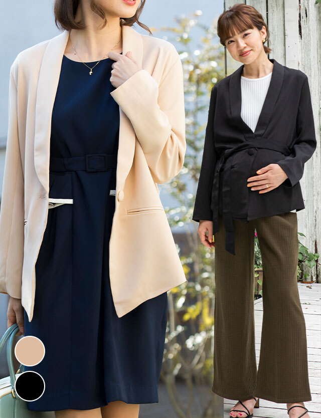 ショールカラー ジャケット ウエストリボン付き オフィス/フォーマル