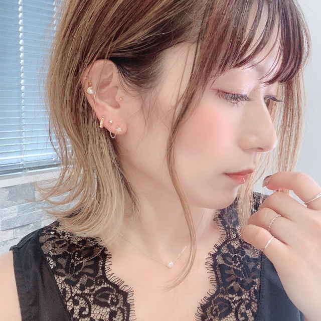 16G］2ホール スター ダブル ジュエル 星 チェーン ストレート軟骨