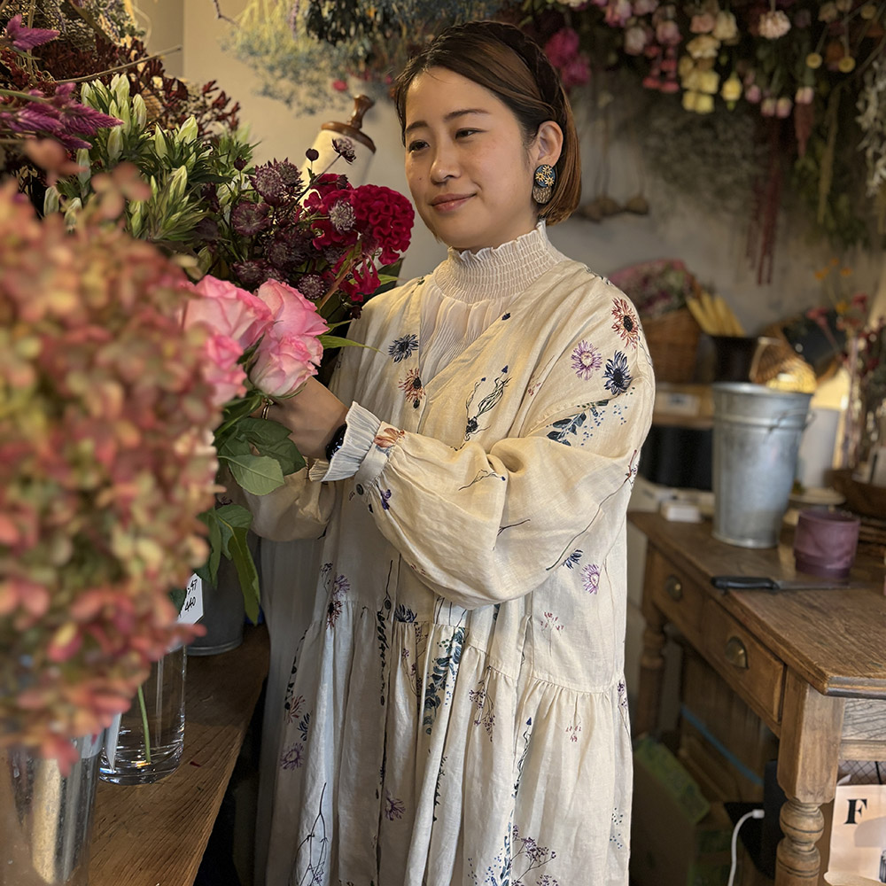 RINコラボ】リネン染色ドライフラワープリントワンピース