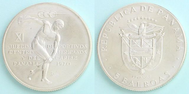 パナマ 1970 5バルボア銀貨 円盤投手像