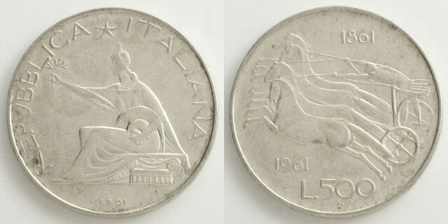 イタリア 1961 500リレ銀貨 イタリア・トゥッリタ女神／クァドリガ