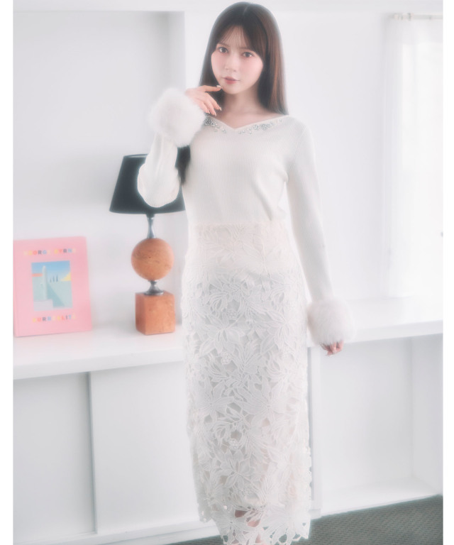 カットワークフラワーレース刺繍タイトスカート