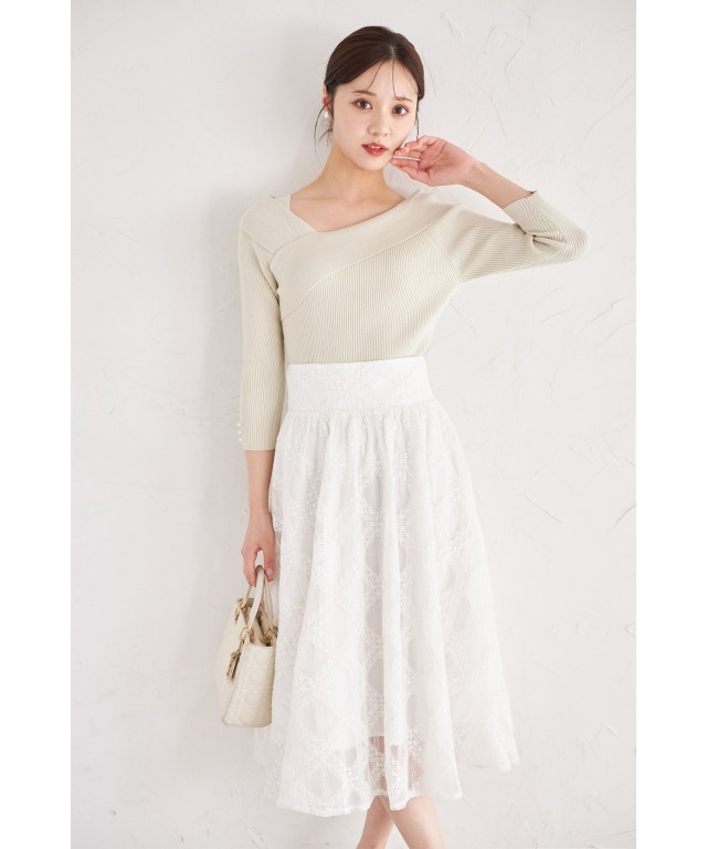 バックレースアップフラワーレースチュールフレアスカート