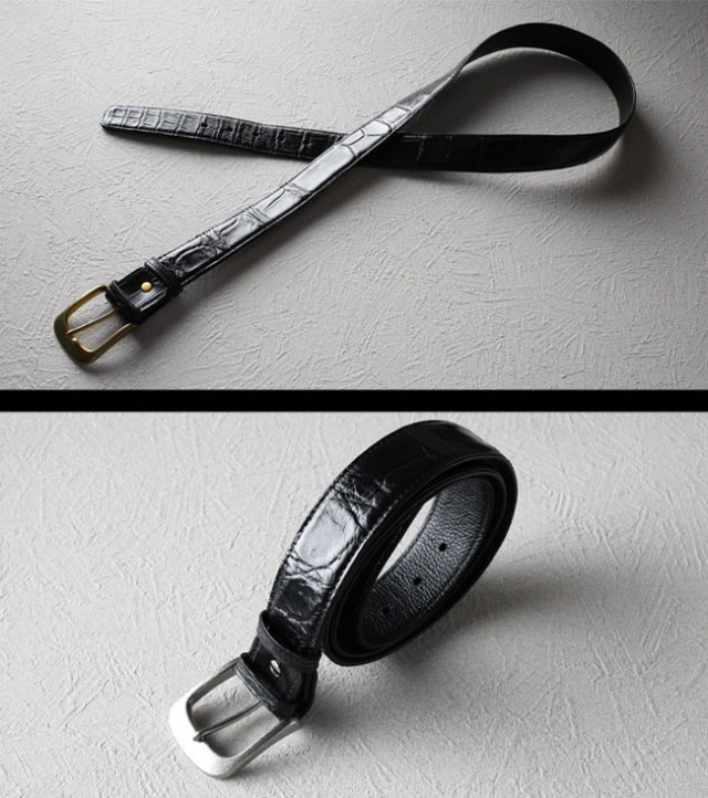 クロコダイル 竹腑 レザーベルト ピンバックル シルバー ゴールド 真鍮