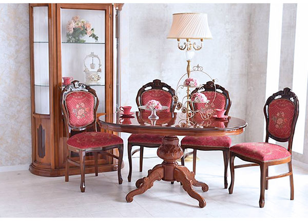 イタリア製 象嵌オーバルダイニングセット5P （レッドフラワー） 135cm
