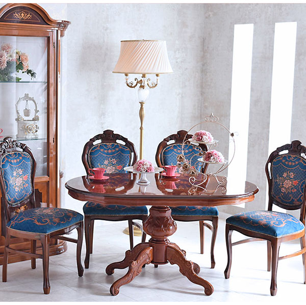 イタリア製 象嵌オーバルダイニングセット5P （ブルーフラワー） 135cm