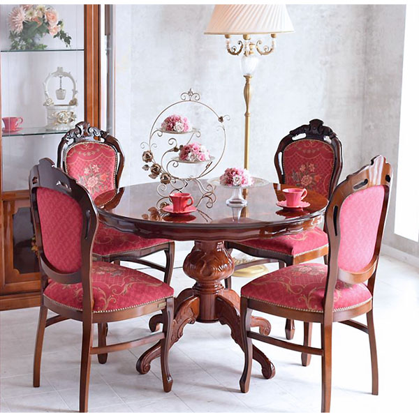 イタリア製 象嵌ラウンドダイニングセット5P （レッドフラワー