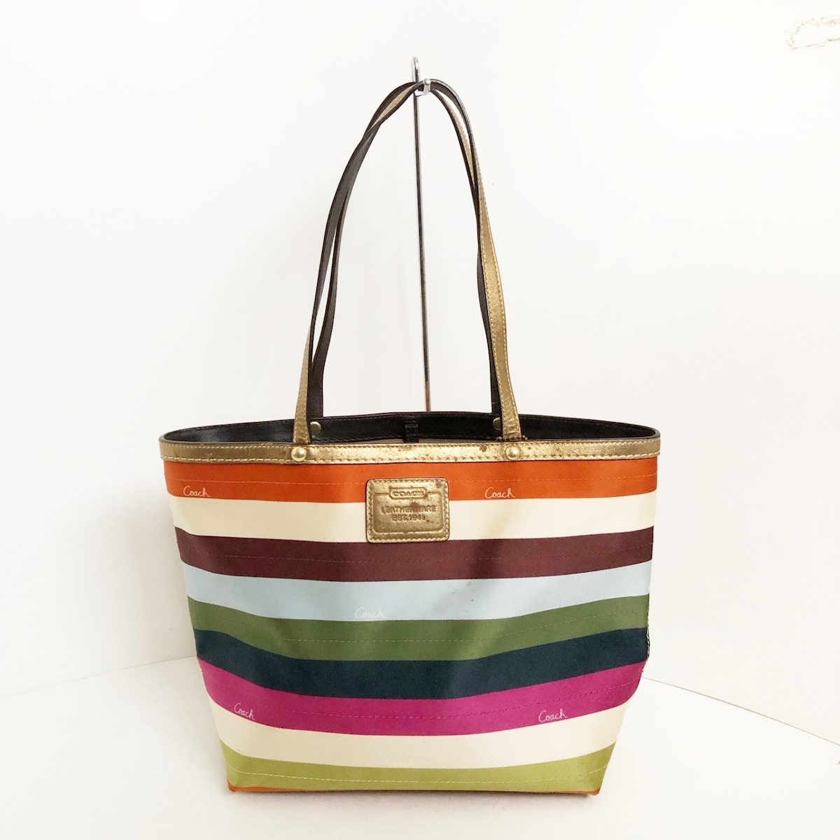 コーチ/トートバッグ/シグネチャーストライプトート/グリーン×ピンク