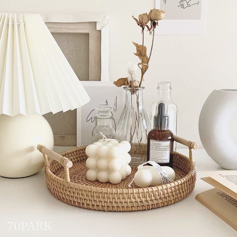 即納】#大判 ラタン ラウンド型 持ち手付き トレイ 小物入れ | 70PARK