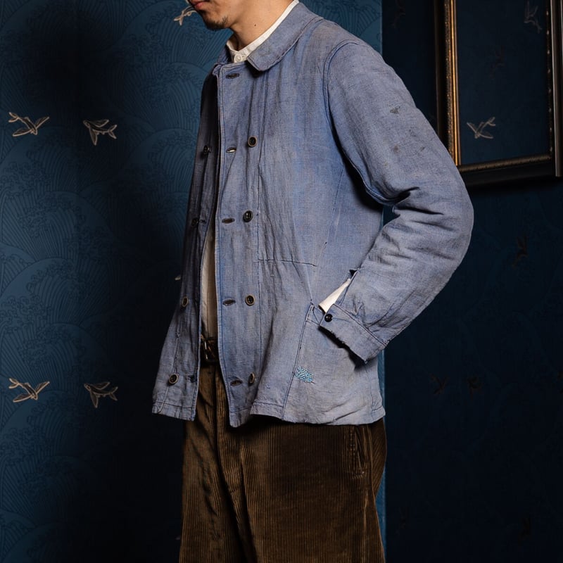 30s France Vintage Indigo Linen Double Breast