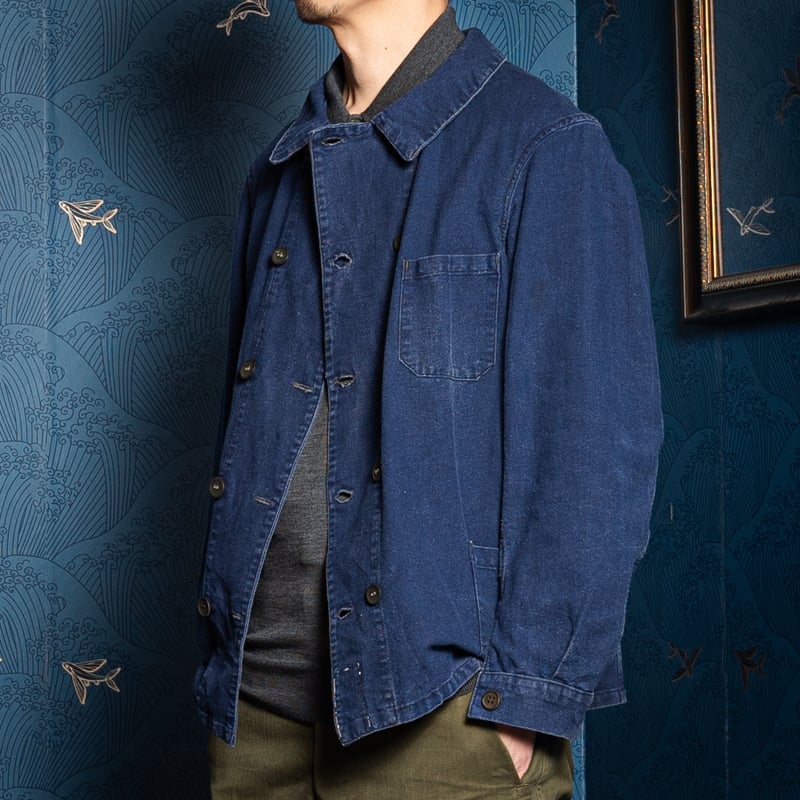 30s France Vintage Blue Cotton Linen Double Br