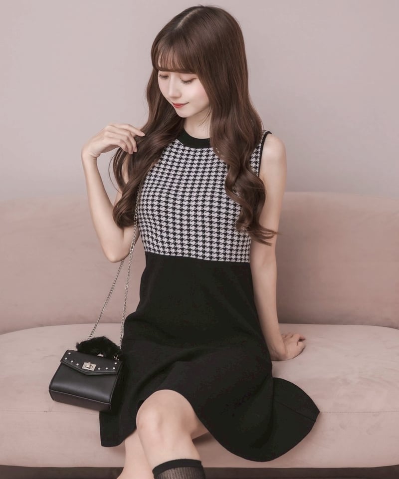 千鳥柄ミニニットワンピカーデセット | DOLCELICHE（ドルチェリーチェ）