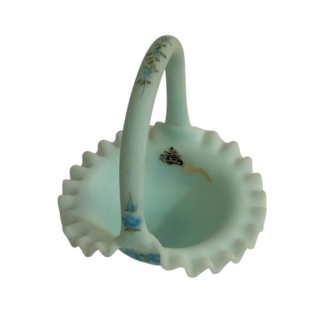 Niknax · Vintage Fenton Glass Blue Rose on Blue Satin Ruffle