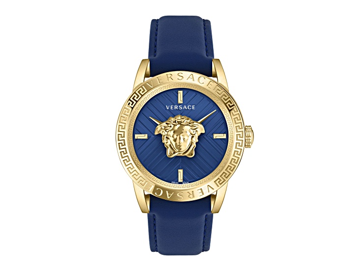 V-Code Mens Watch 43mm Gold Tone Case Blue Guilloché Dial Calf