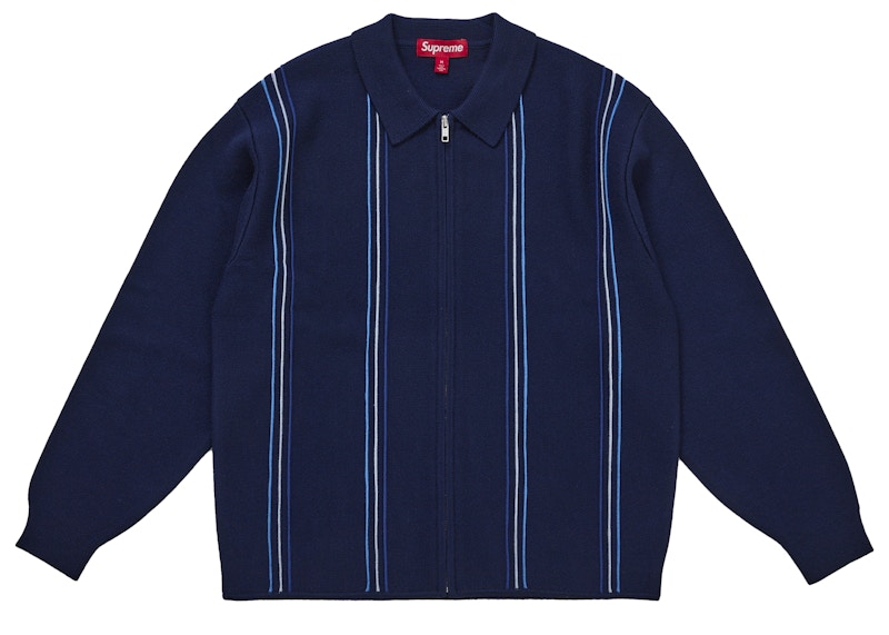 Supreme Stripe Zip Up Polo Sweater Navy Men's - FW25 - US