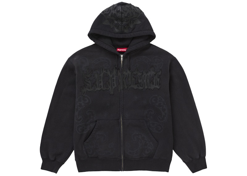 Supreme Leather Applique Zip Up Hooded Sweatshirt Black Men's