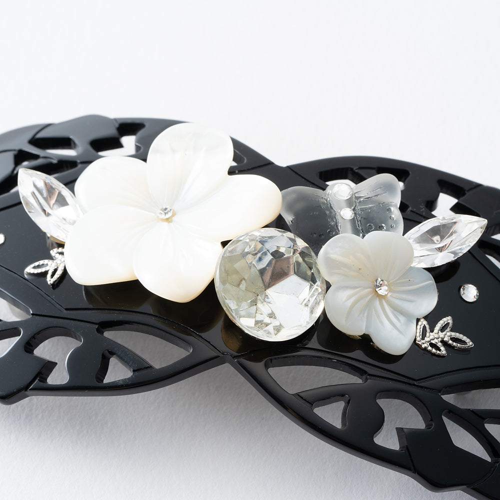 バレッタ 白蝶貝 ラインストーン ホワイト フラワー バタフライ