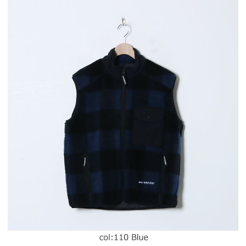 and wander (アンドワンダー) check boa vest / チェックボアベスト
