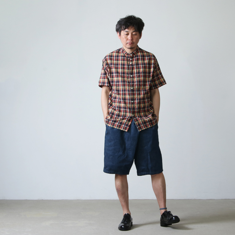 nisica (ニシカ) 半袖チェックバンドカラーシャツ