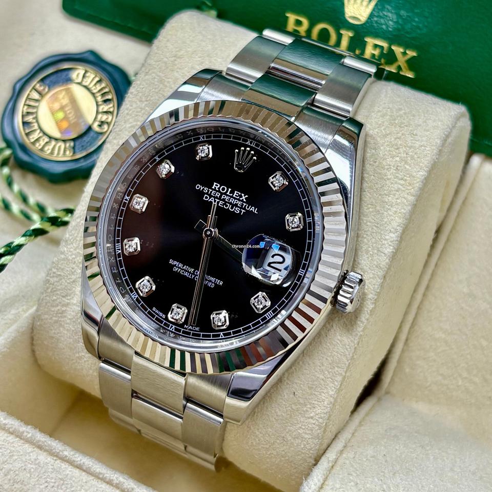 Rolex Datejust 41 126334 Black Diamond Dial Gold Fluted Bezel