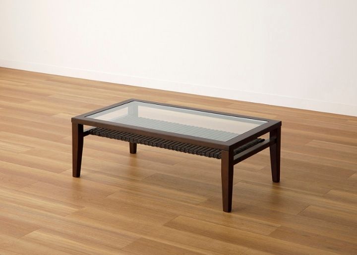 ケイ・ローテーブル (ラタン)～収納付き～涼しげなガラス天板とラタン