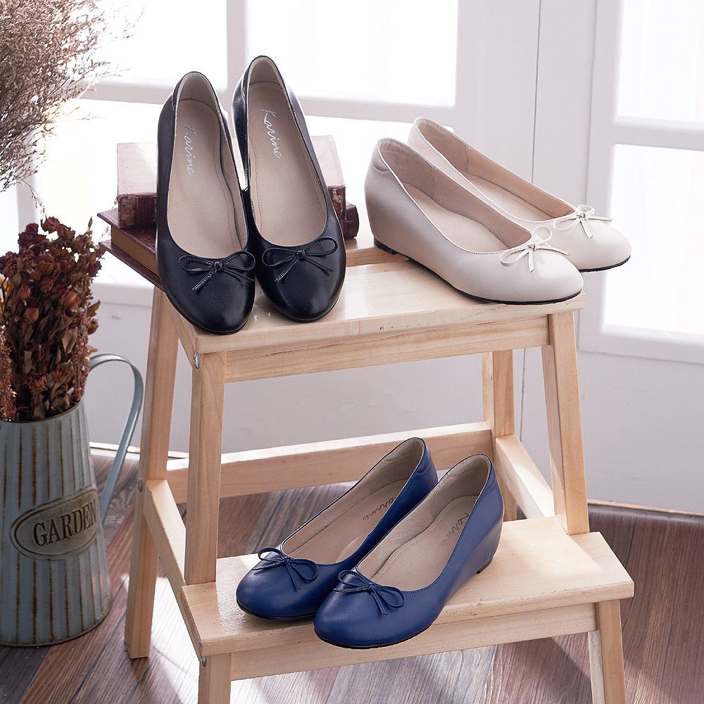 karine(MIT台灣製)全真皮格紋內增高楔型娃娃鞋-寶藍色| 所有商品