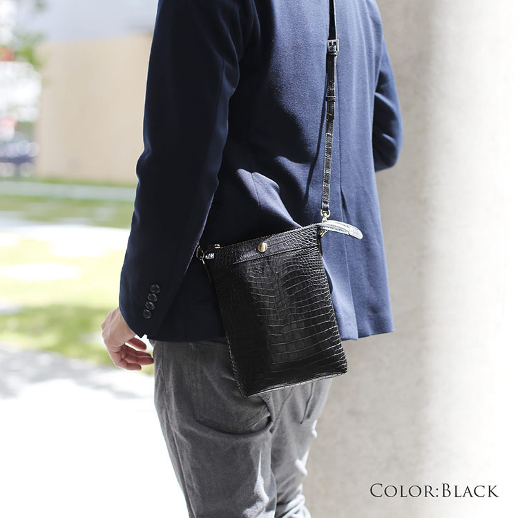 クロコダイル サコッシュ メンズ レザー ミニ ショルダーバッグ