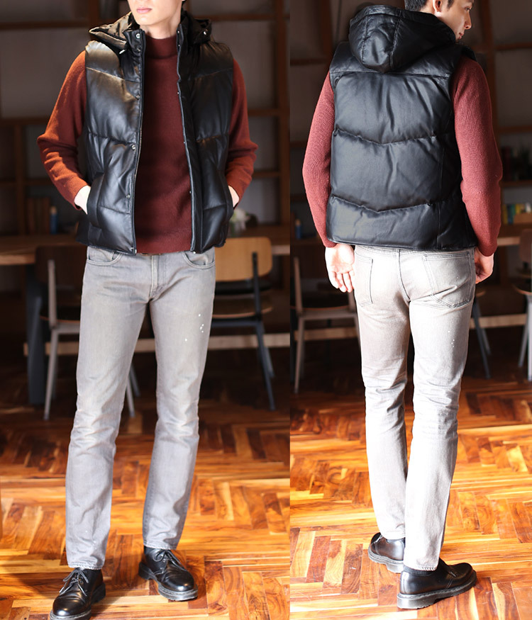 ラム レザー ダウン ベスト メンズ フード付き 秋/冬 全3色 プレゼント