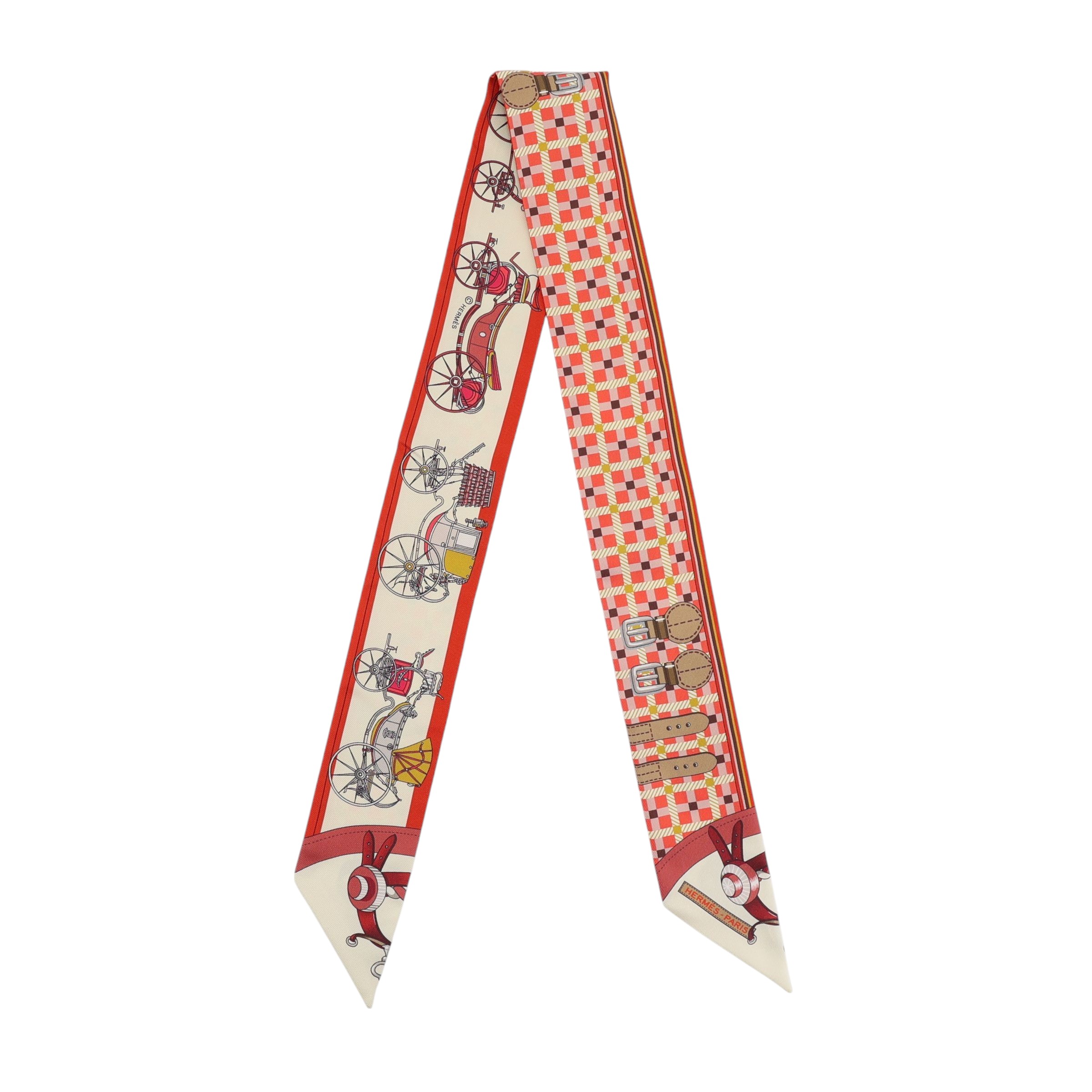 ランク N 新品 HERMÈS エルメス ツイリー 馬車の変遷 ベージュ レッド