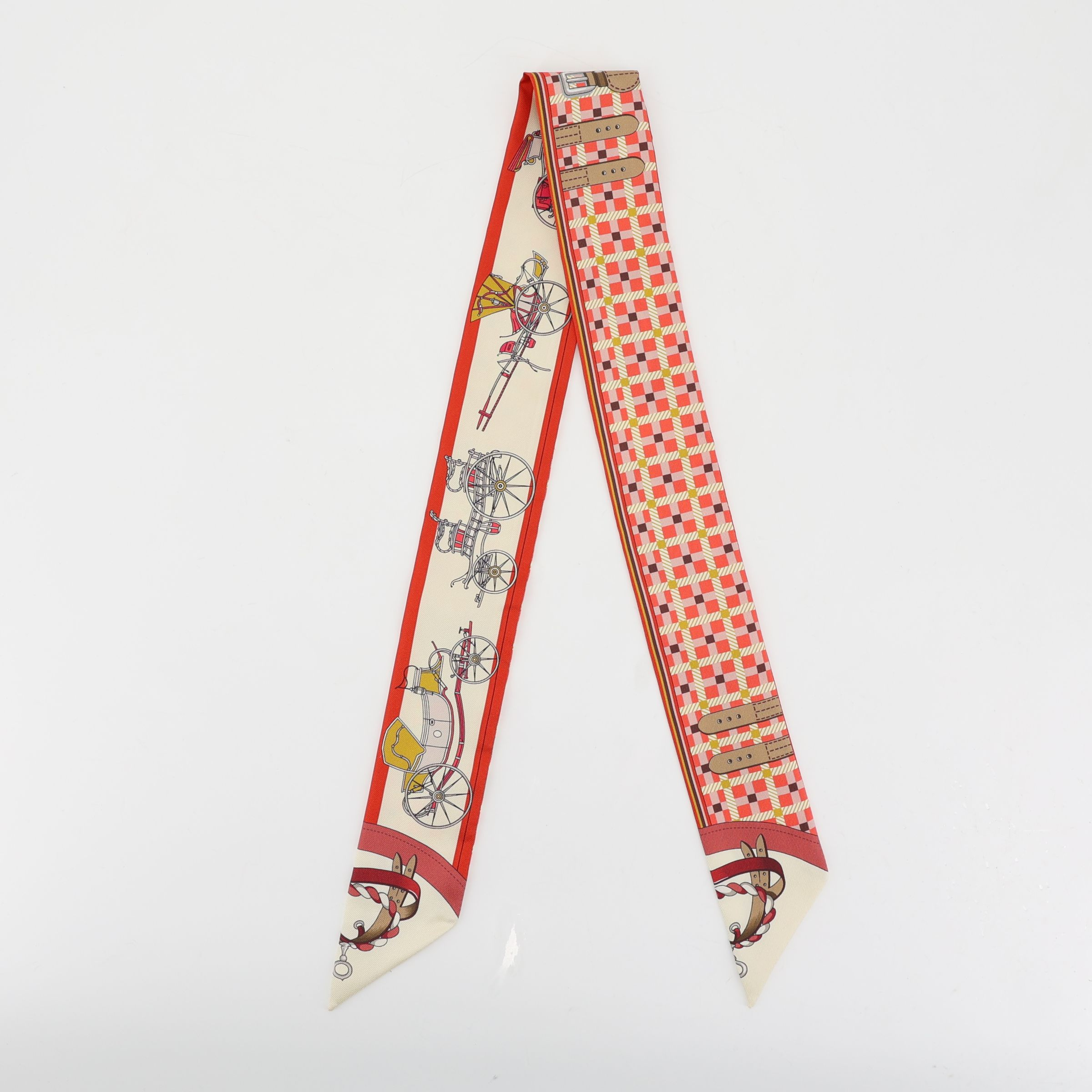 ランク N 新品 HERMÈS エルメス ツイリー 馬車の変遷 ベージュ レッド