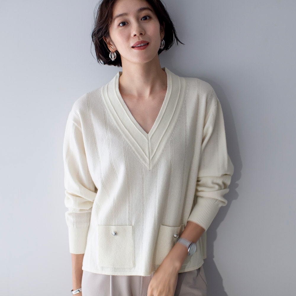 カシミヤ混リブポケット Vネックニットプルオーバー 通販 - ディノス