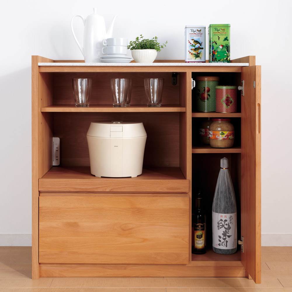 アルダー天然木人工大理石トップ 間仕切り家電収納キッチンカウンター