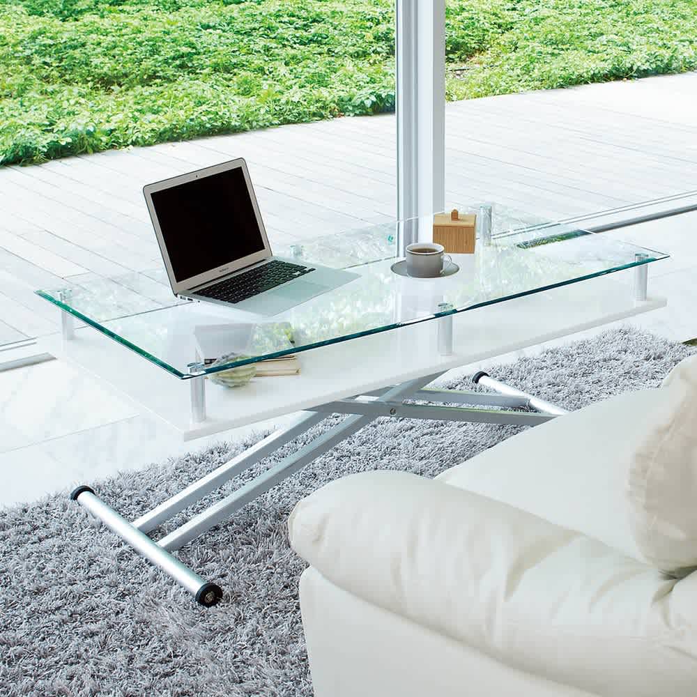 飛散防止フィルム貼りガラス 二重天板昇降式リフティングテーブル 幅
