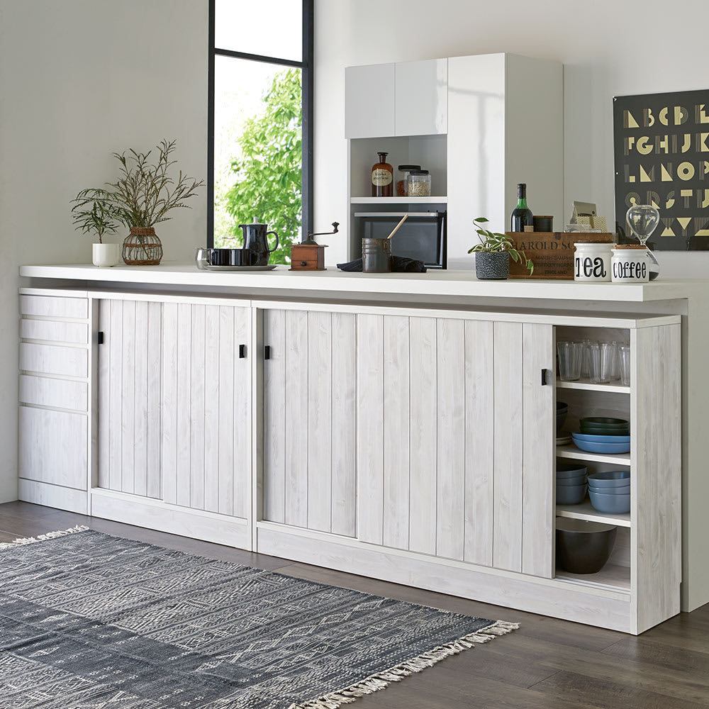 ヴィンテージ調ホワイト木目カウンター下収納庫 幅150cm高さ90cm 通販