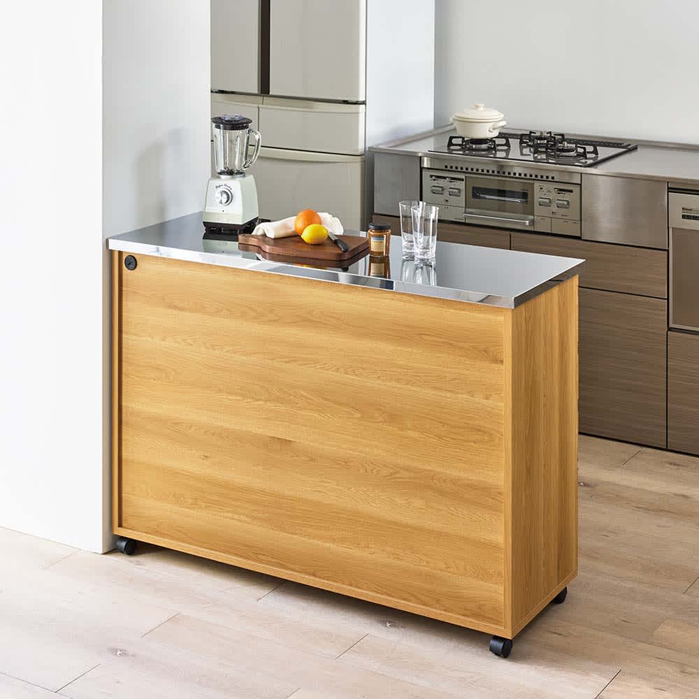 移動できる光沢ステンレス天板キッチンカウンター 幅120.5cm 4段・高さ