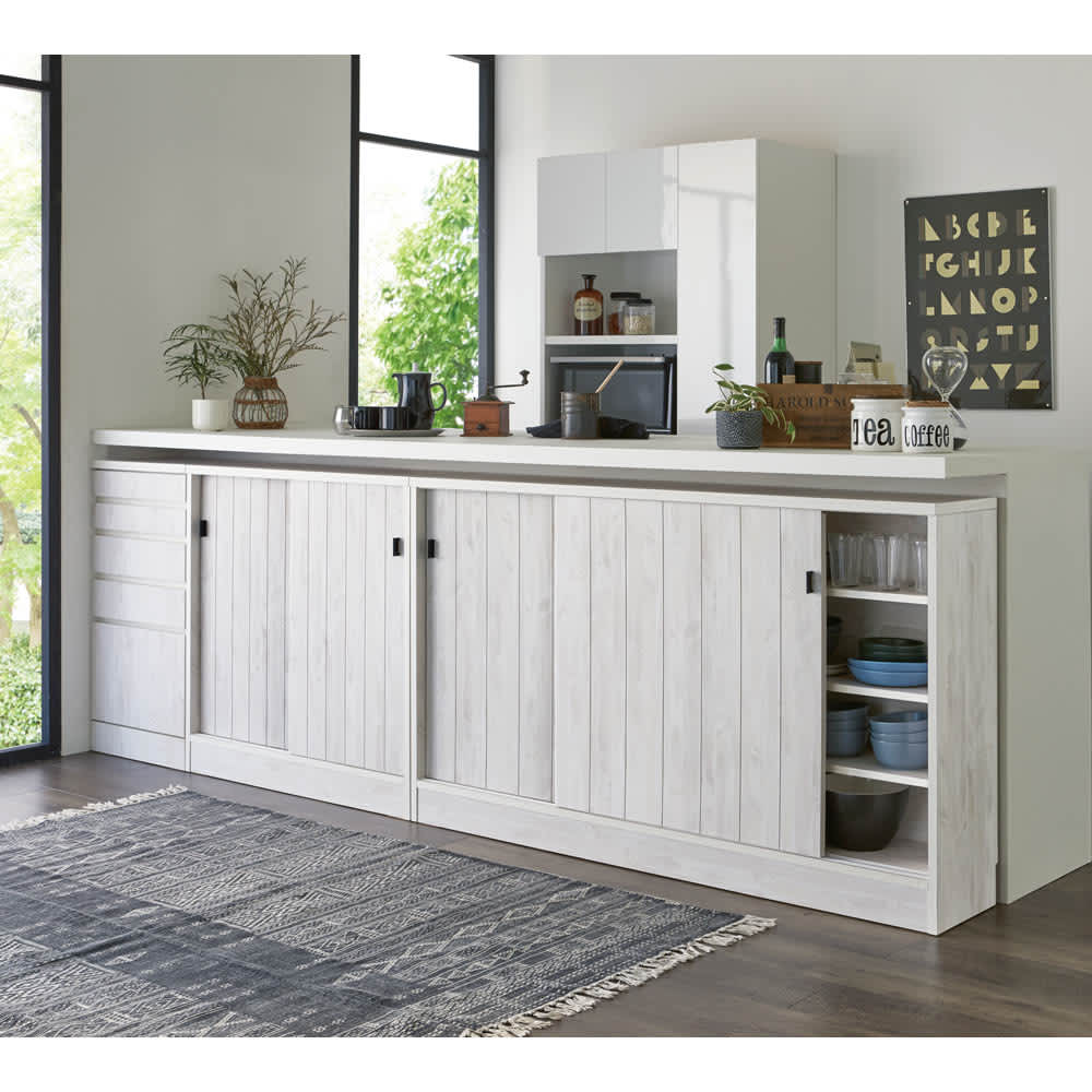 ヴィンテージ調ホワイト木目カウンター下収納庫 幅90cm高さ90cm 通販