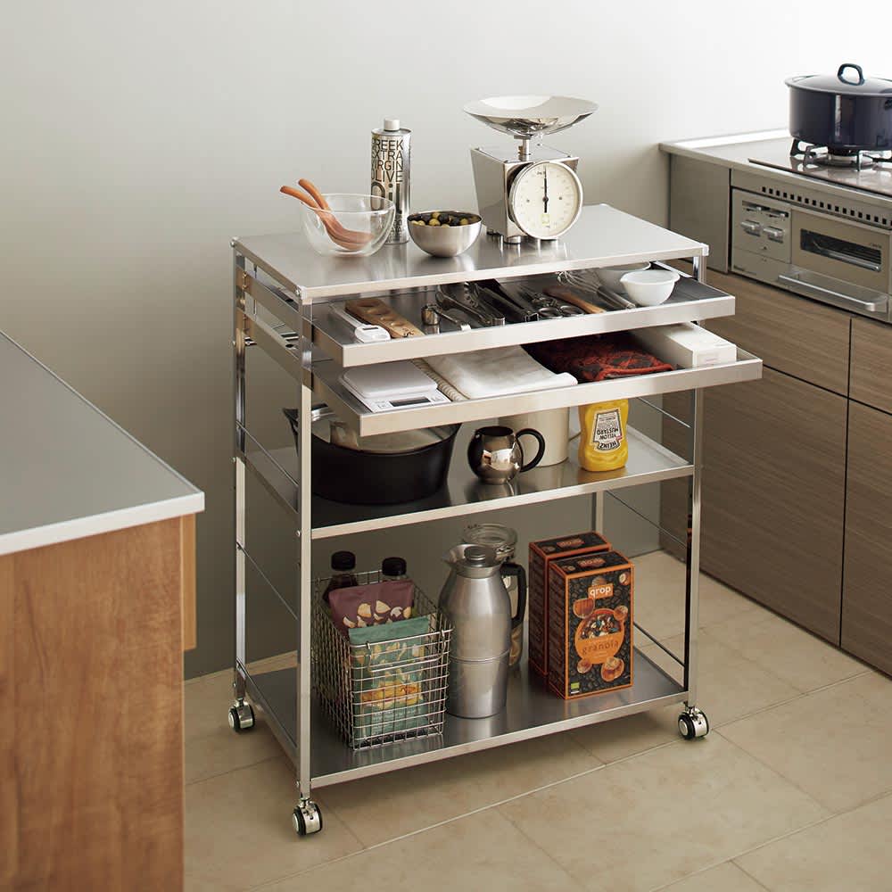 ステンレス作業台ワゴン 引き出し2杯タイプ 幅73.5cm 通販 - ディノス