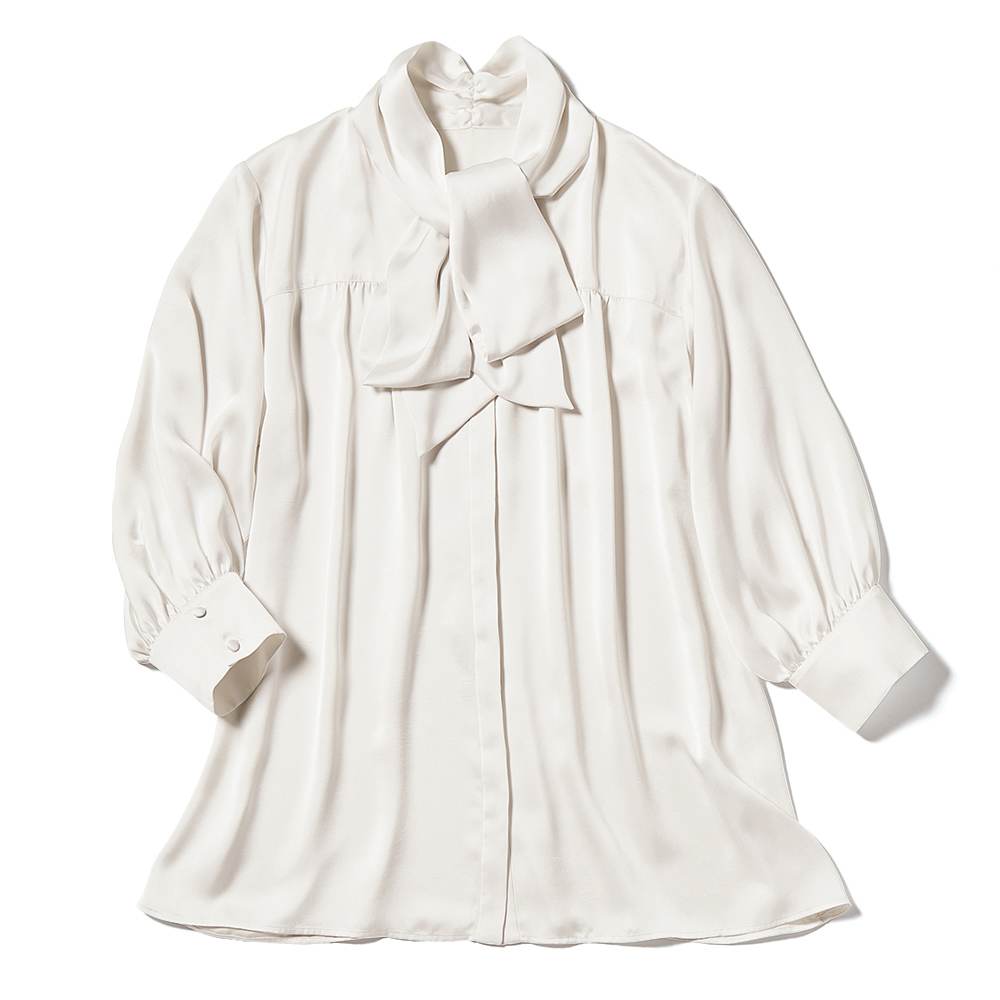 とろみサテン リボン風ボウタイ ギャザー ブラウス 通販 - ディノス