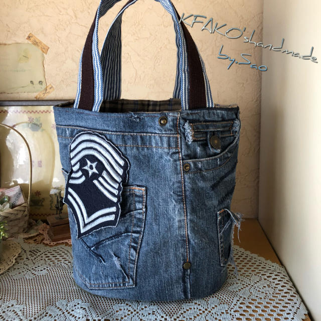 デニムリメイク☆男前丸底トートバッグ/ダメージジーンズ/トレーナー