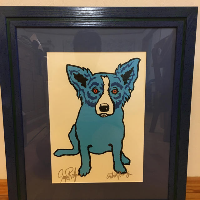 ジョージ・ロドリーゲ「ブルードッグ」額縁入り 幸運の青い犬 可愛い