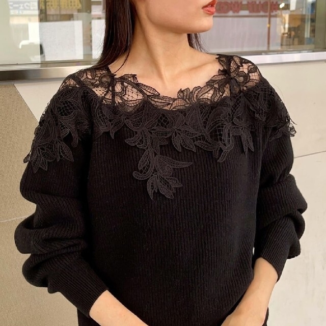 FRAY I.D - 新品タグ付 レーストリムオフショルニット 黒 FRAY I.Dの