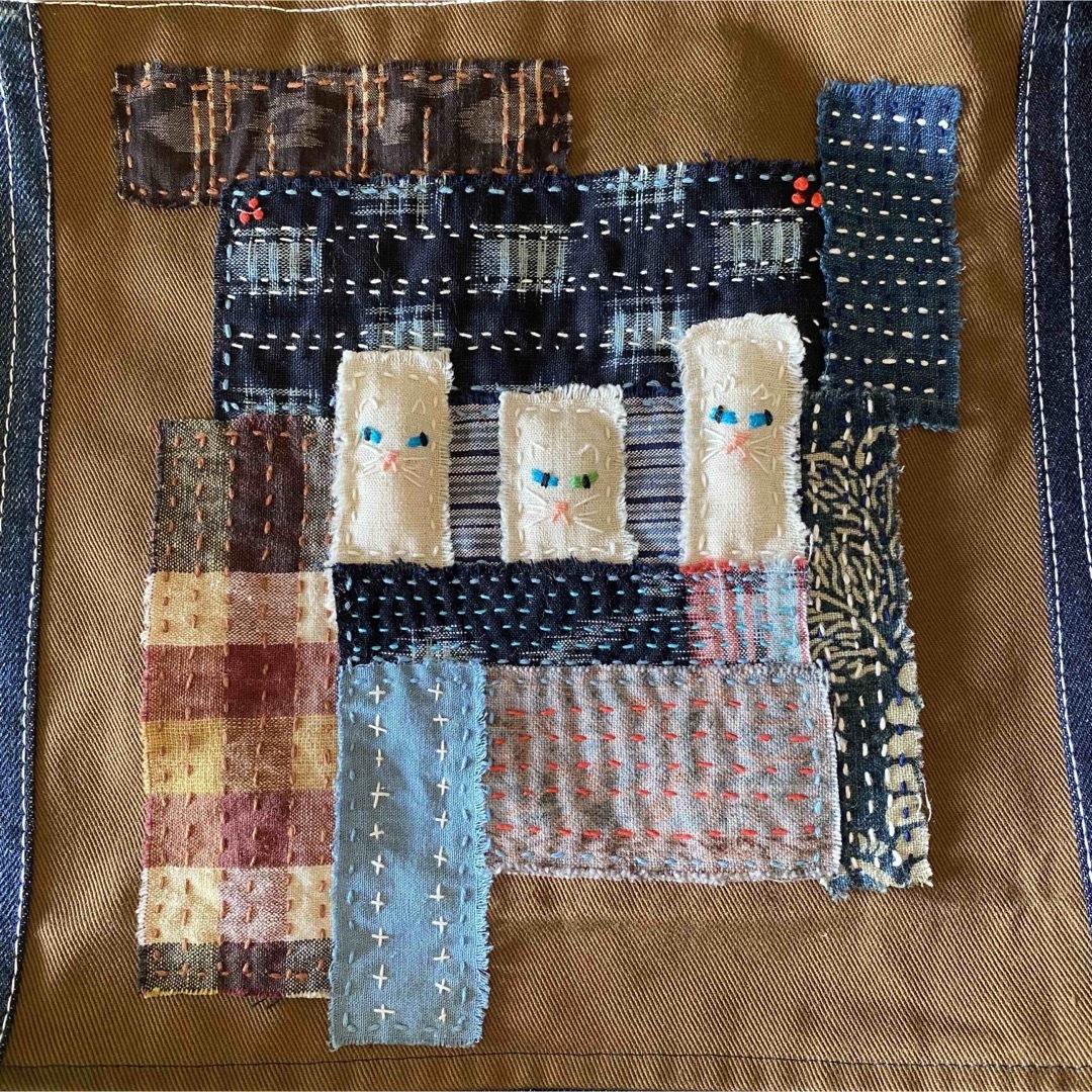ハンドメイド デニム リメイク トートバッグ 襤褸 藍染 古布 刺し子 ね