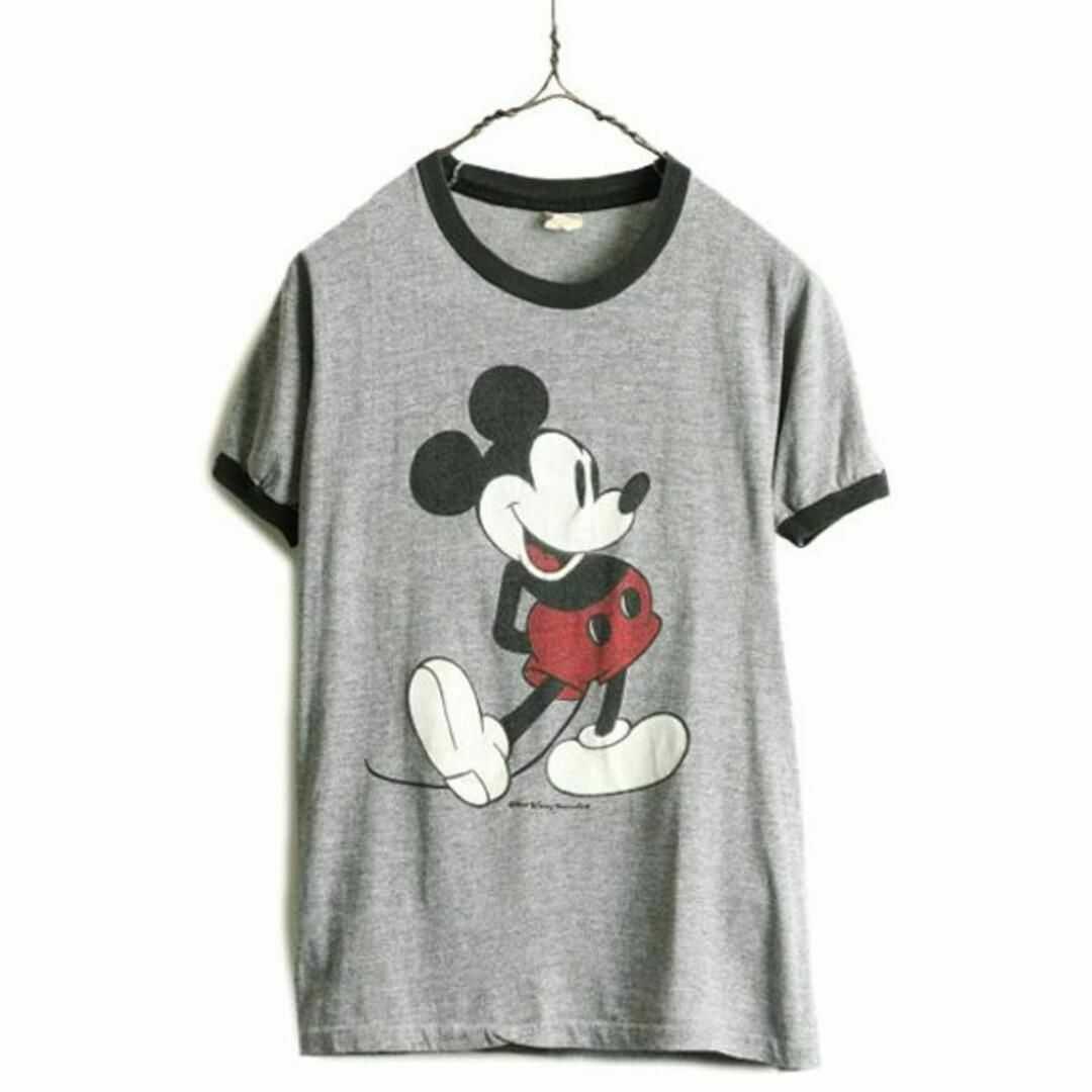 70s USA製 ミッキー 染み込み プリント 半袖 リンガーTシャツ S 白足の