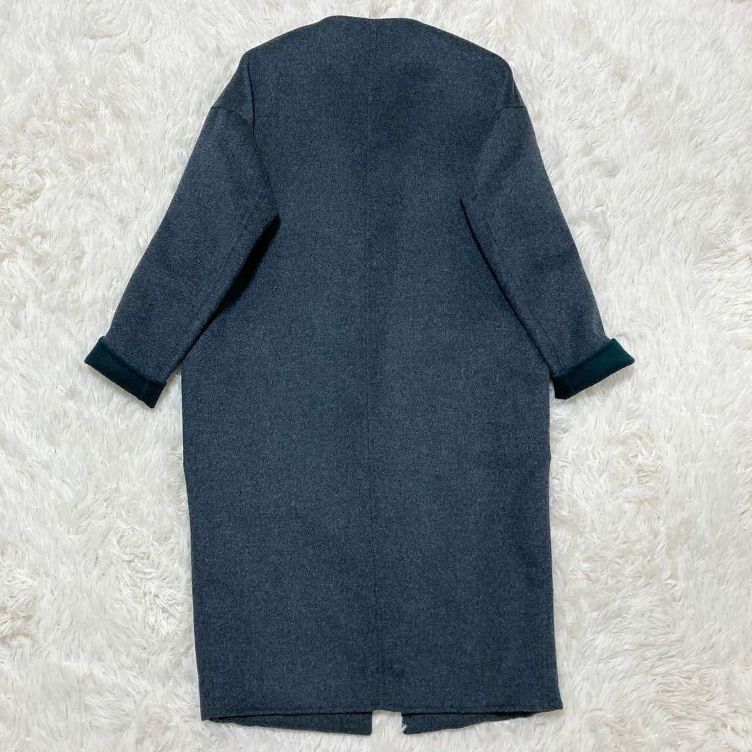 ENFOLD - ENFOLD ウール ノーカラー リバー ロングコート グレー × 緑