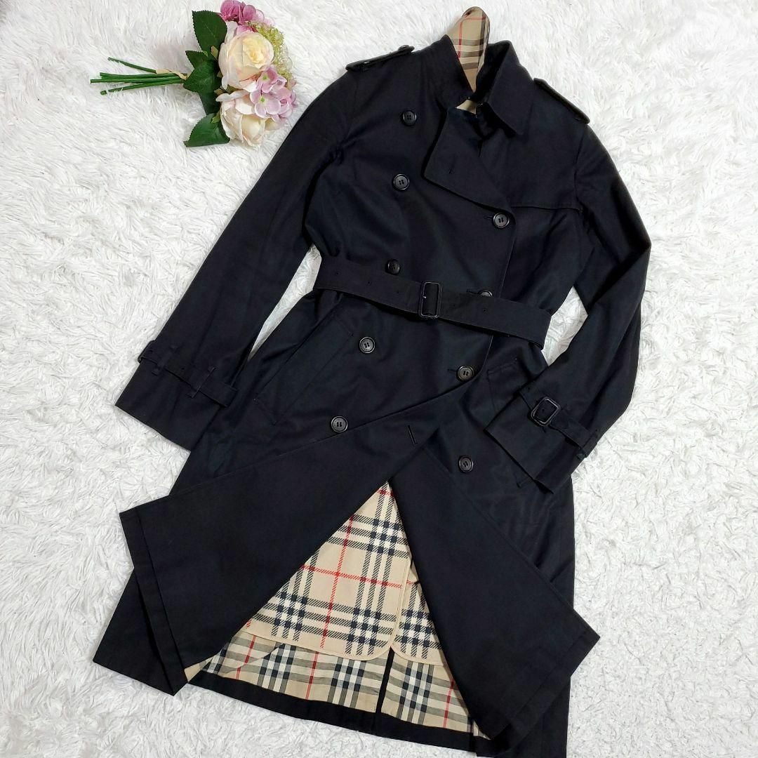 BURBERRY - M バーバリー ロング トレンチコート 黒 ウール100