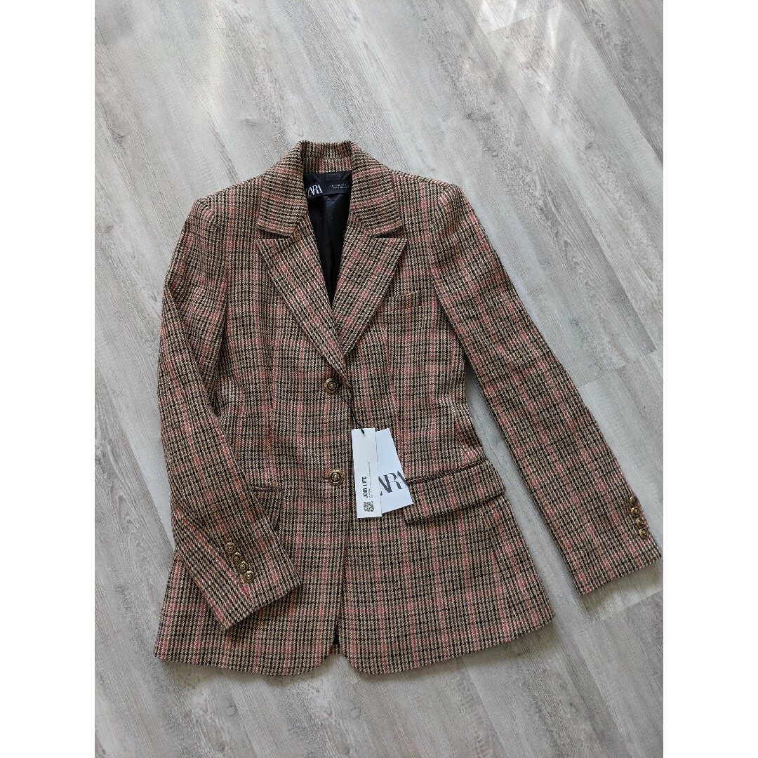 ZARA - ZARA チェック柄テーラードブレザー XSサイズ ゴールデン