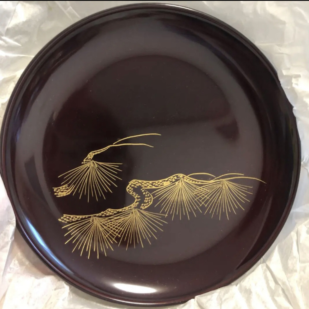 黒沈金老松 うるし塗装 銘々皿 菓子皿 そね工芸 5枚揃え 新品未使用品