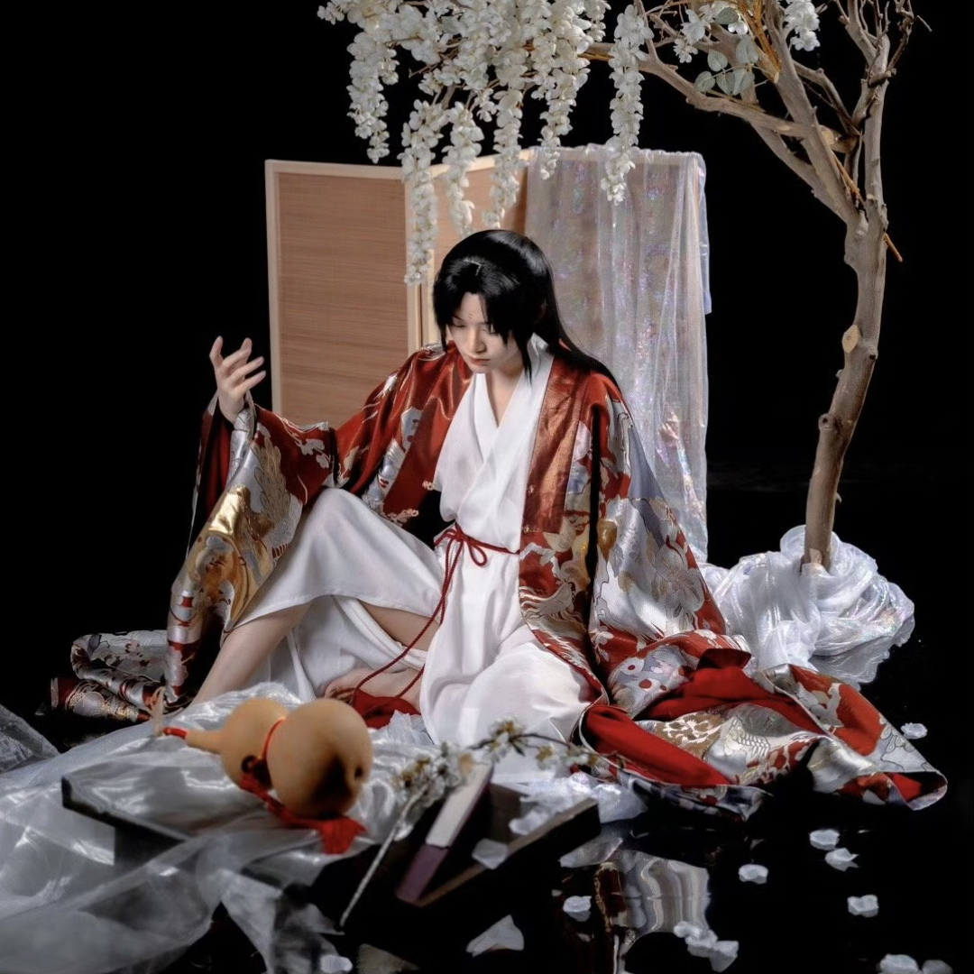 ふりふ - 百鳥朝鳳披風 白赤金色ロングアウター 中国伝統衣装 織錦